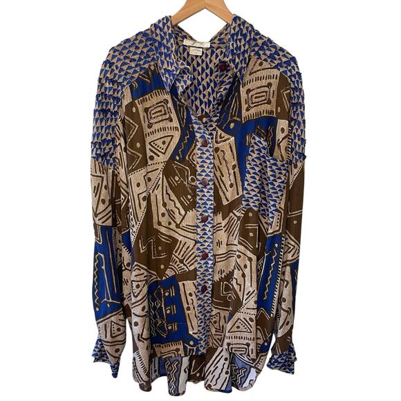 VTG Audrey Jones Beaded  Boho Tribal Print Brown & Blue Oversized Button Up 1X - Picture 3 of 14
